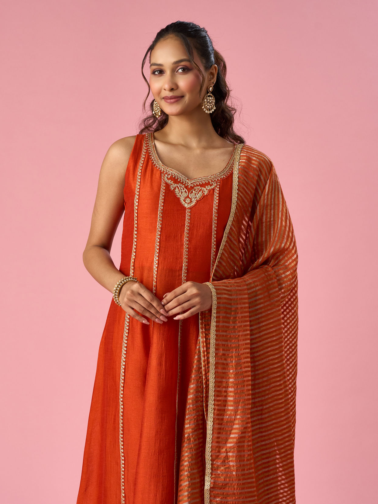 Mohey Women Orange Silk Anarkali Suit with Sequin Work