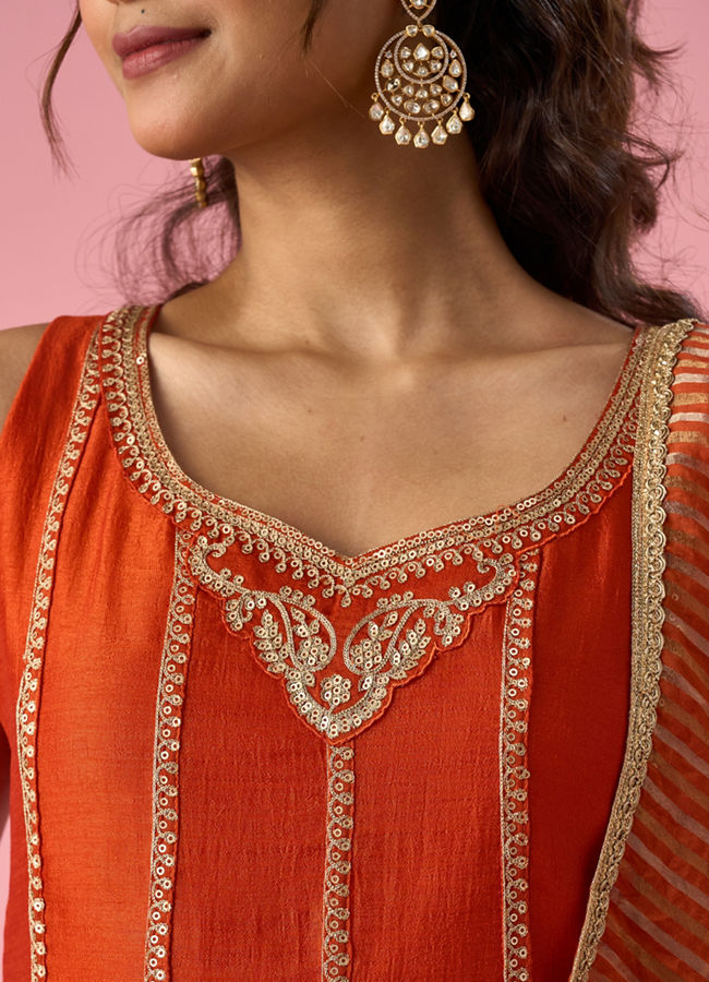 Mohey Women Orange Silk Anarkali Suit with Sequin Work