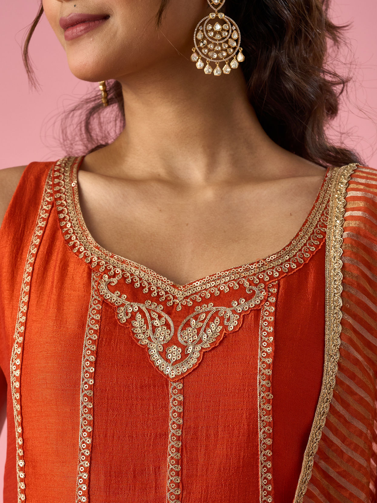 Mohey Women Orange Silk Anarkali Suit with Sequin Work
