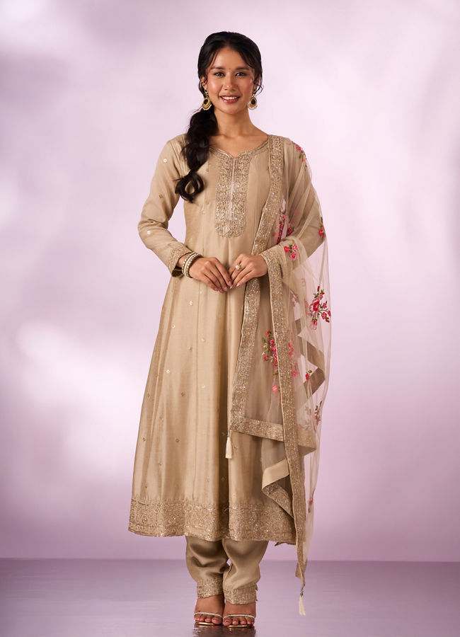 Mohey Women Cream Chinon Anarkali Suit with Sequin Work