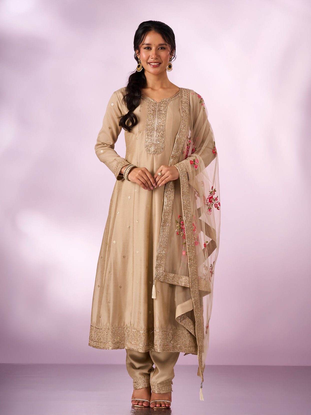 Mohey Women Cream Chinon Anarkali Suit with Sequin Work
