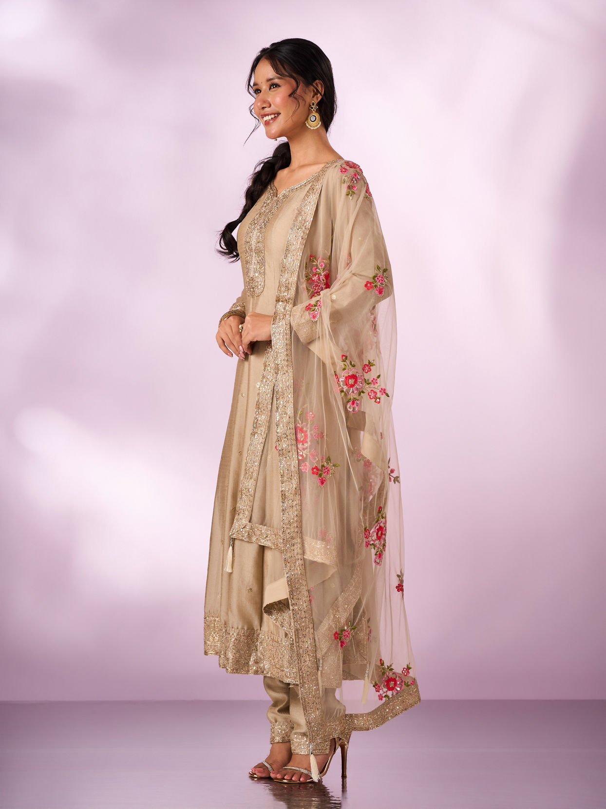 Mohey Women Cream Chinon Anarkali Suit with Sequin Work