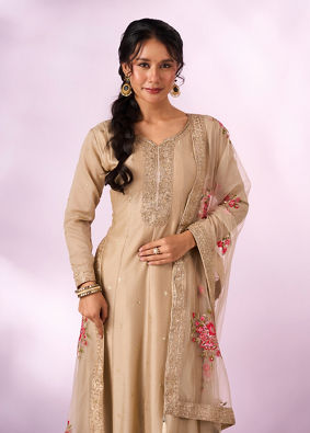 Mohey Women Cream Chinon Anarkali Suit with Sequin Work