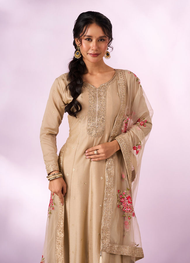 Mohey Women Cream Chinon Anarkali Suit with Sequin Work