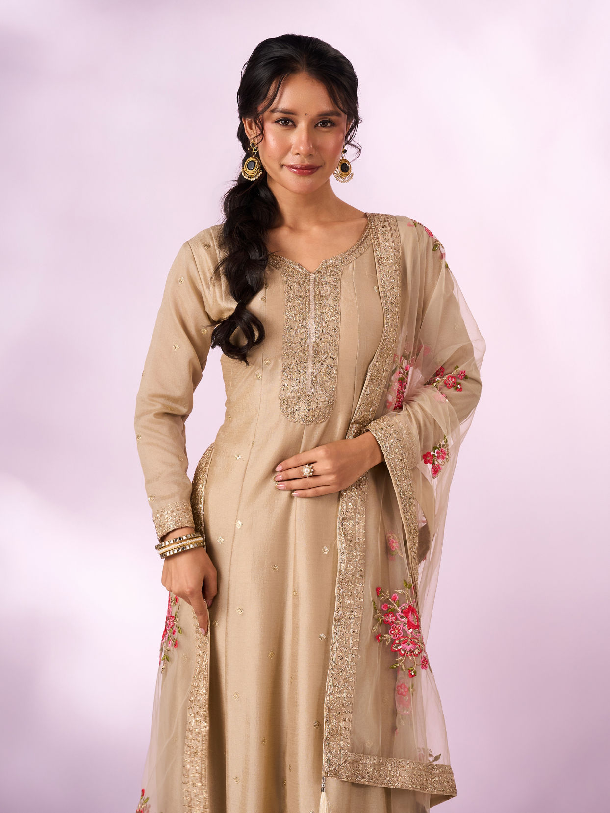 Mohey Women Cream Chinon Anarkali Suit with Sequin Work
