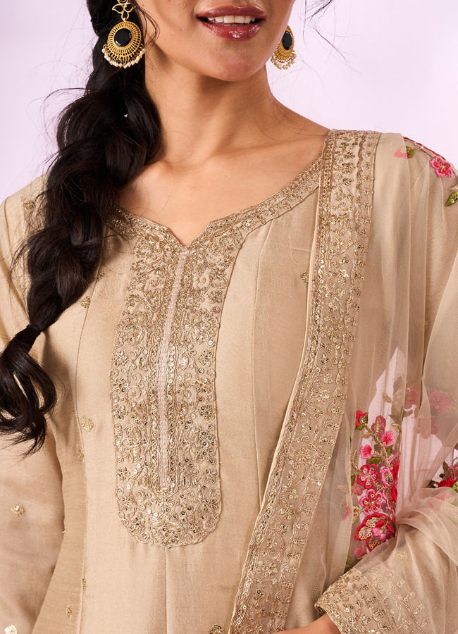 Mohey Women Cream Chinon Anarkali Suit with Sequin Work