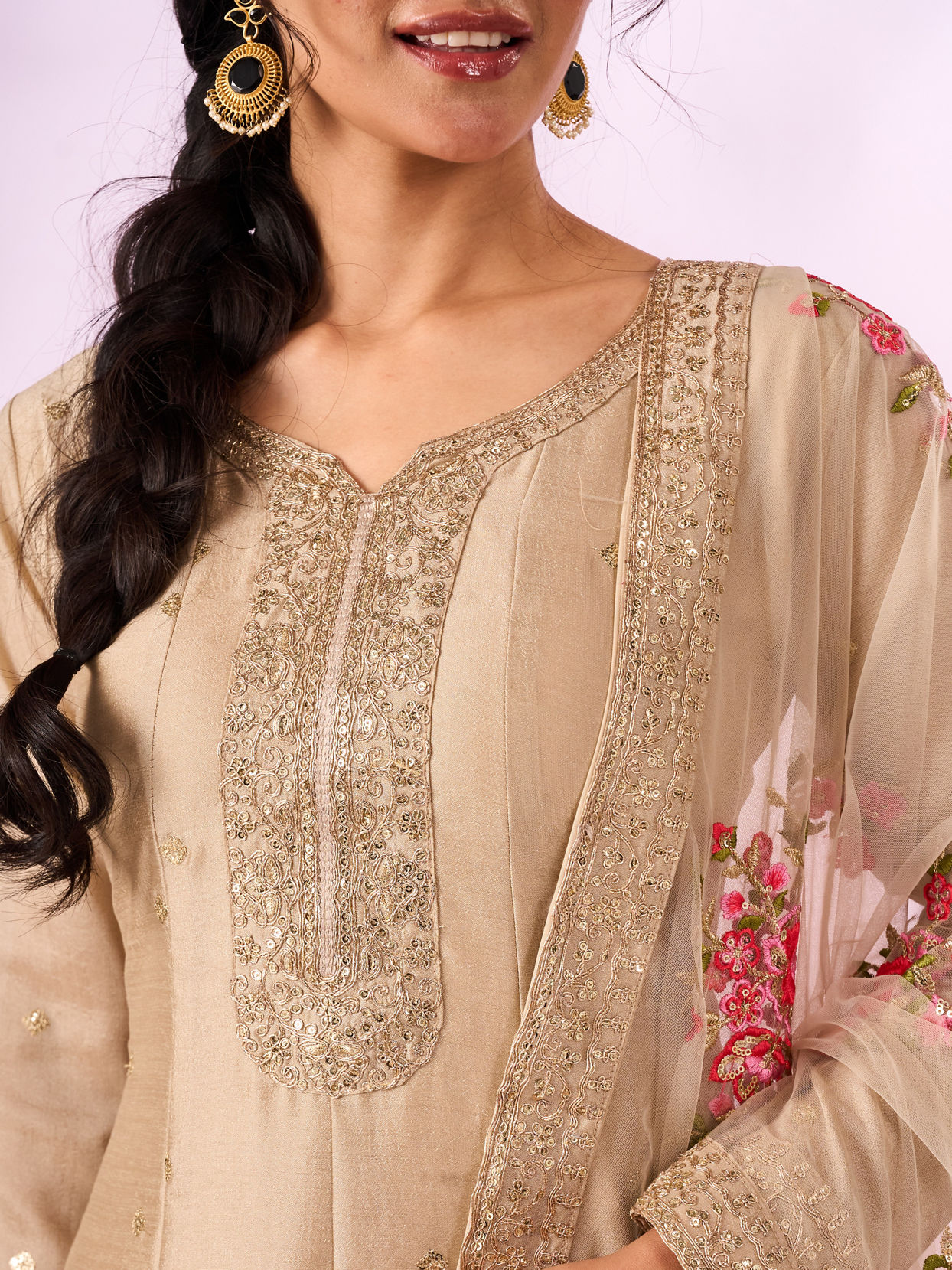 Mohey Women Cream Chinon Anarkali Suit with Sequin Work
