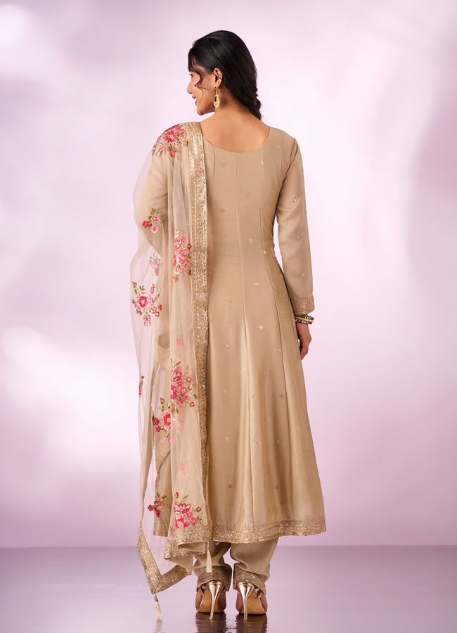 Mohey Women Cream Chinon Anarkali Suit with Sequin Work