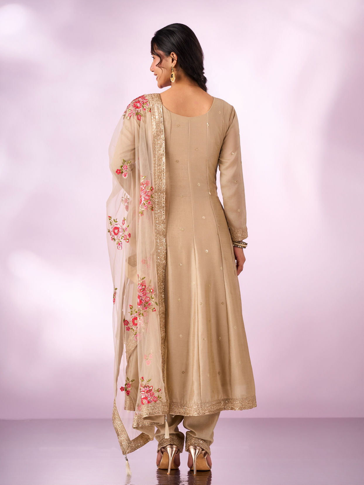 Mohey Women Cream Chinon Anarkali Suit with Sequin Work