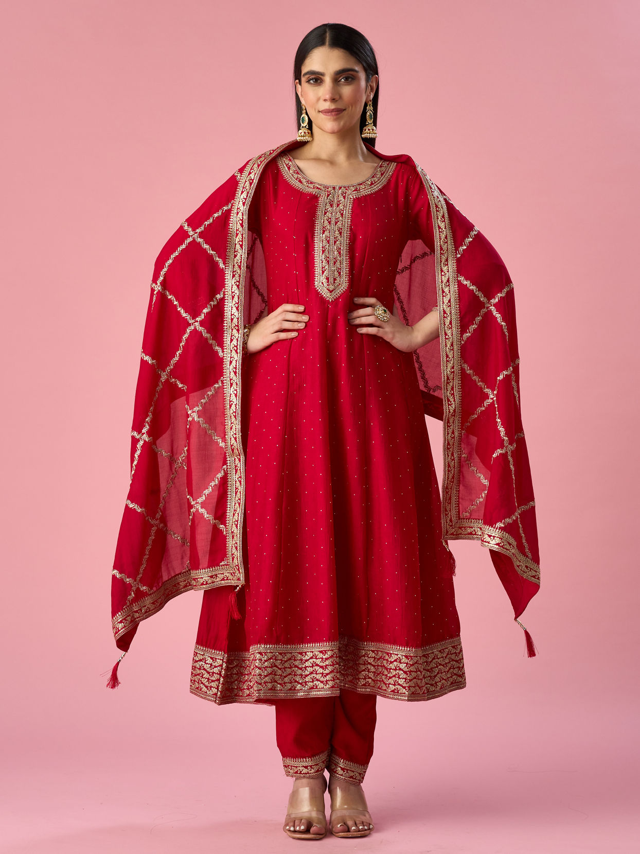 Mohey Women Pink Art Silk Anarkali Suit with Stone Work
