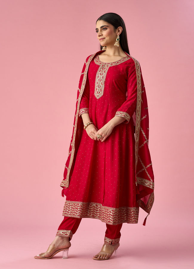 Mohey Women Pink Art Silk Anarkali Suit with Stone Work