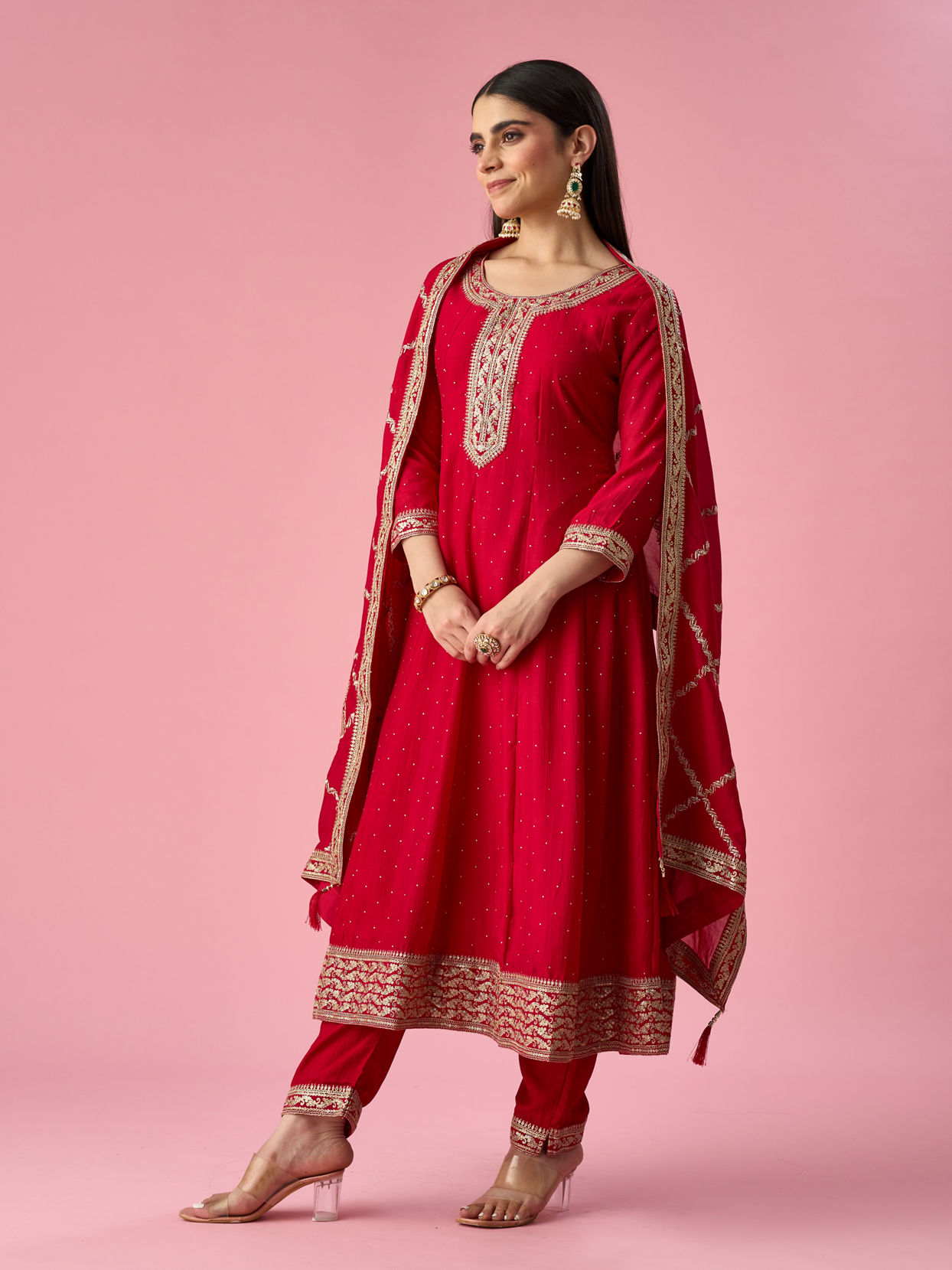 Mohey Women Pink Art Silk Anarkali Suit with Stone Work
