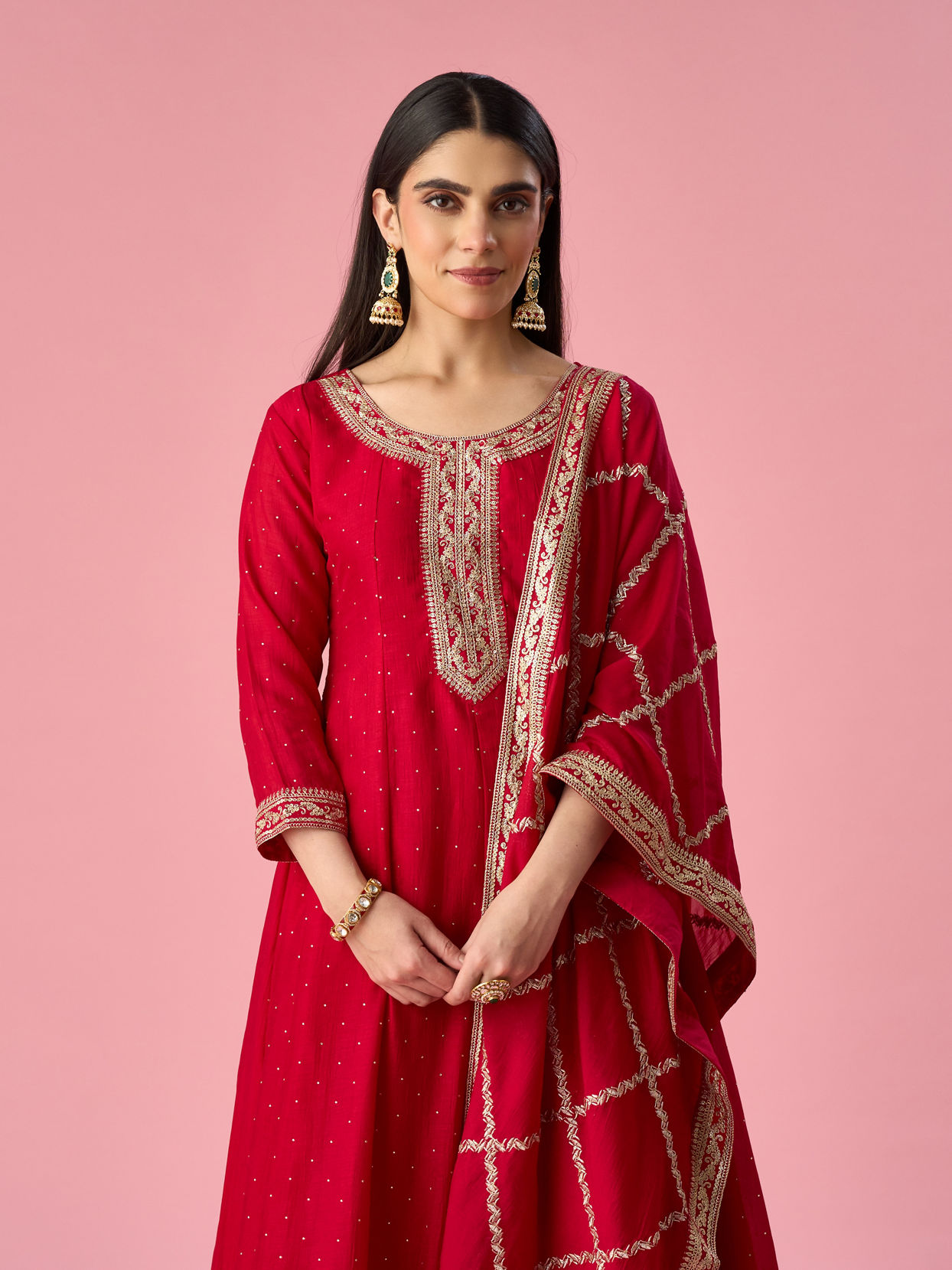 Mohey Women Pink Art Silk Anarkali Suit with Stone Work
