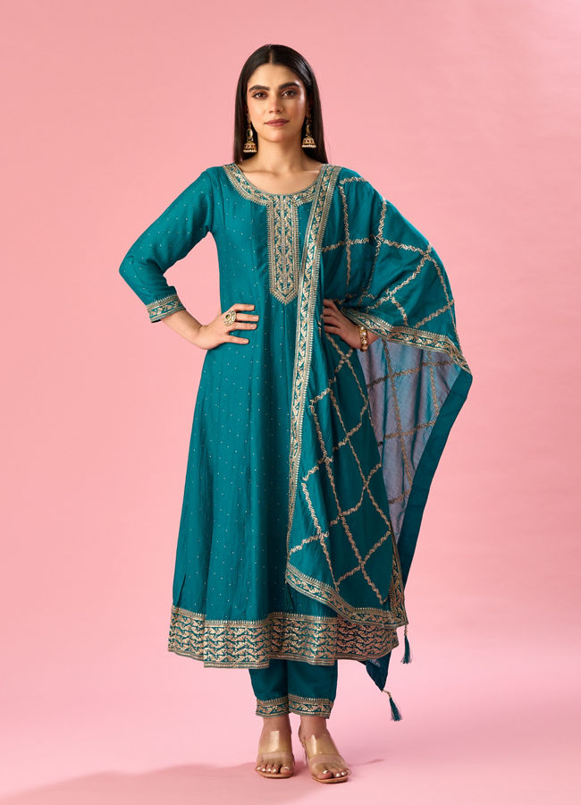 Mohey Women Green Art Silk Anarkali Suit with Sequin Work