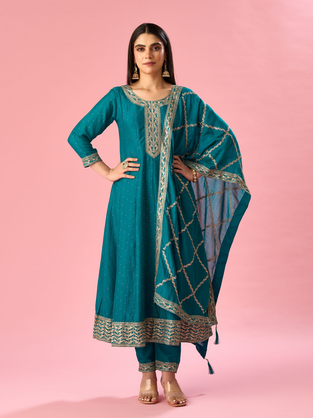 Mohey Women Green Art Silk Anarkali Suit with Sequin Work