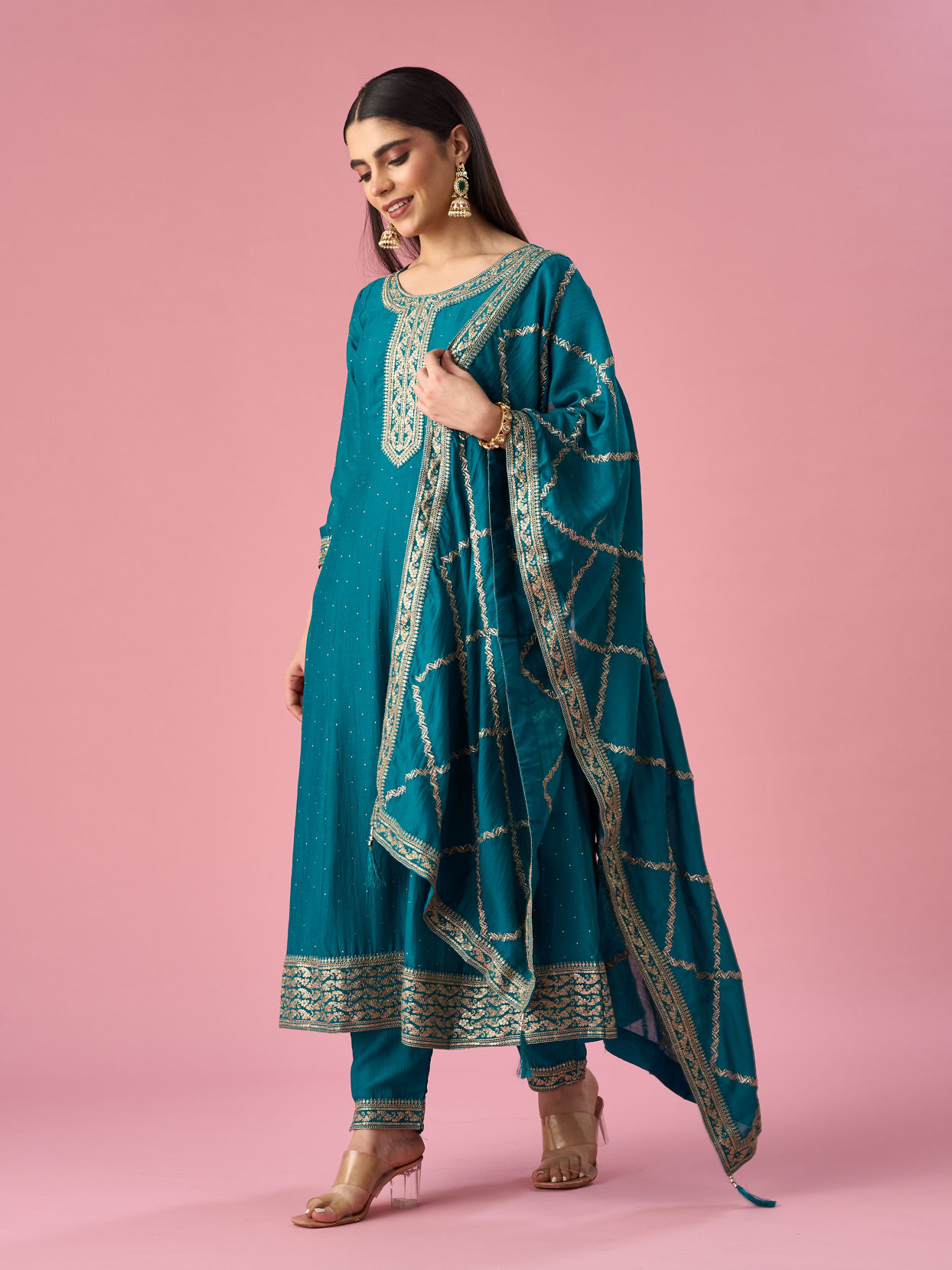 Mohey Women Green Art Silk Anarkali Suit with Sequin Work