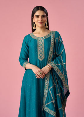 Mohey Women Green Art Silk Anarkali Suit with Sequin Work