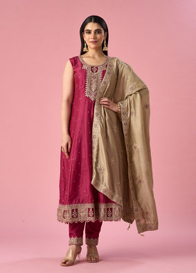 Mohey Women Maroon Silk Anarkali Suit with Sequin Work