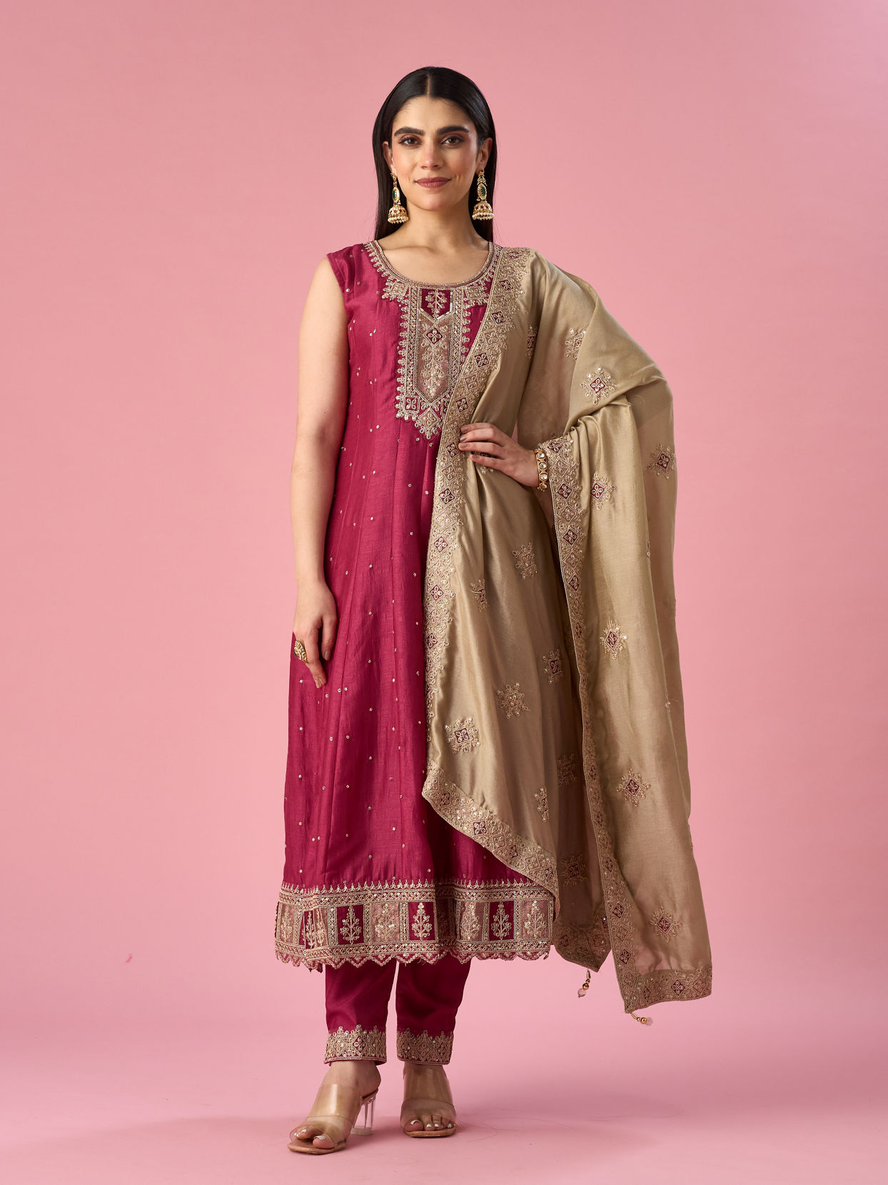 Mohey Women Maroon Silk Anarkali Suit with Sequin Work