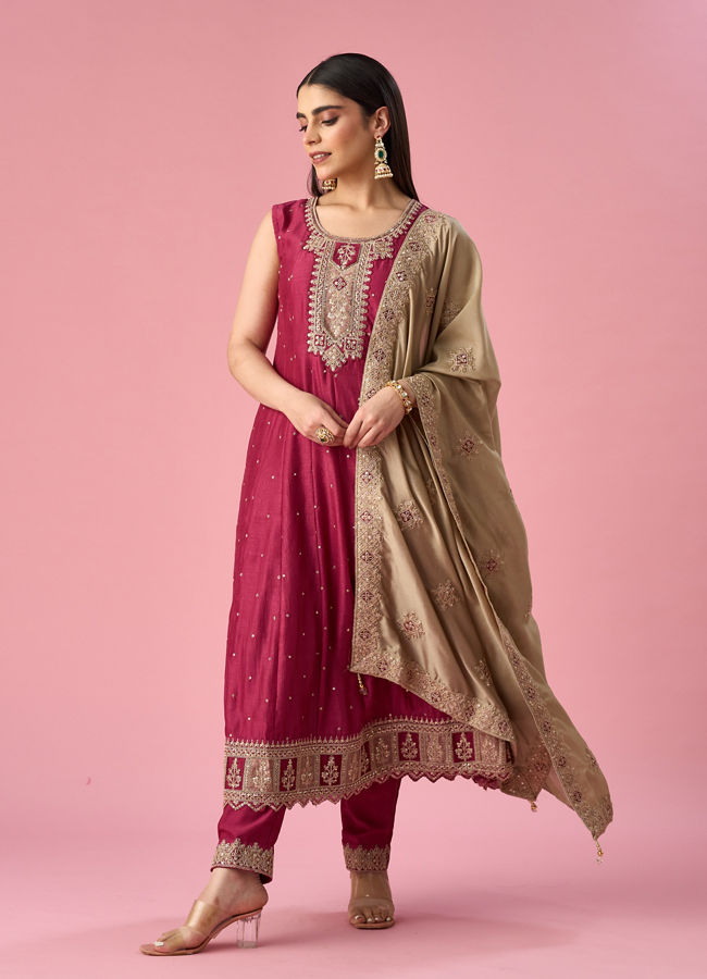 Mohey Women Maroon Silk Anarkali Suit with Sequin Work
