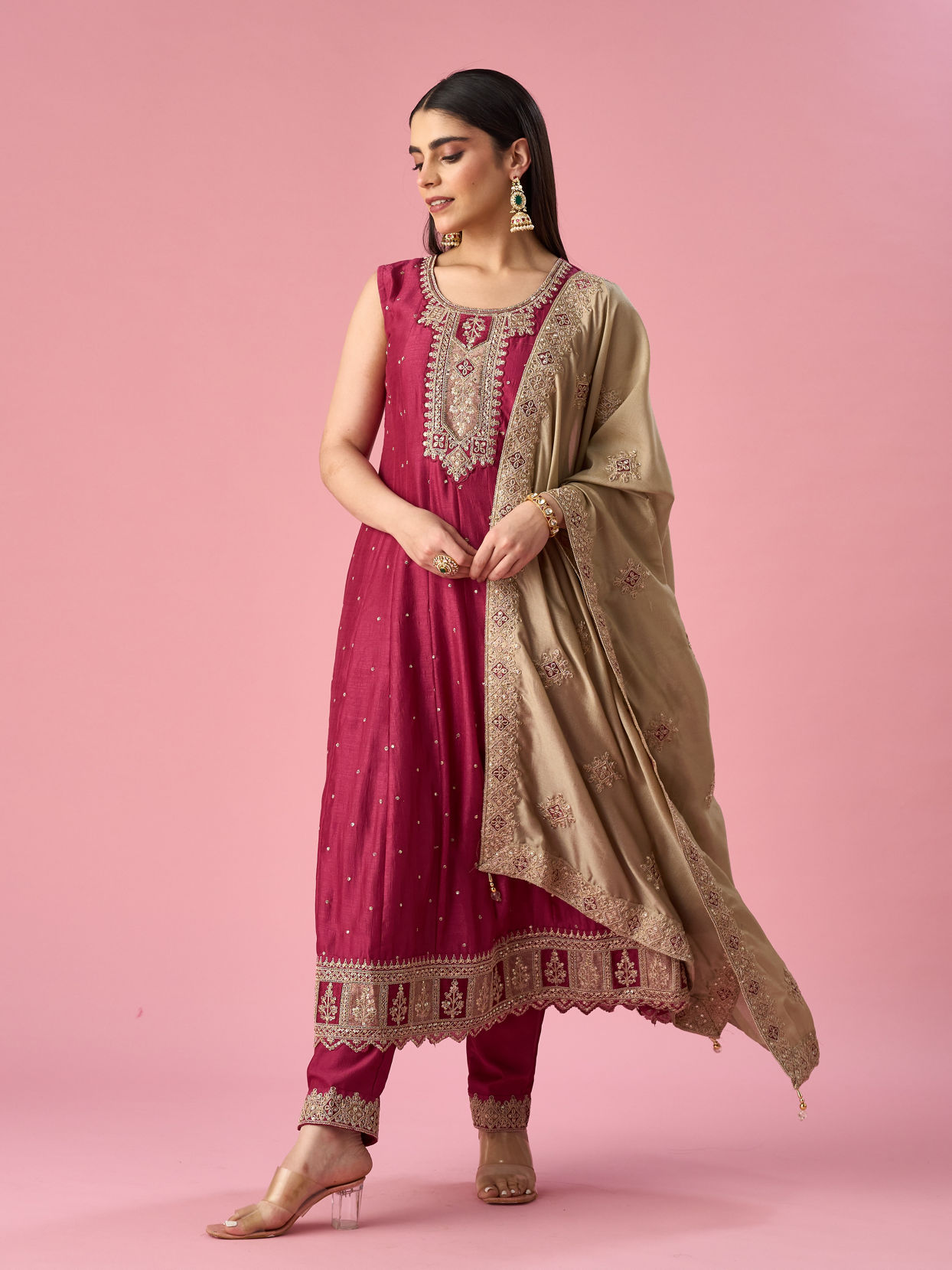 Mohey Women Maroon Silk Anarkali Suit with Sequin Work