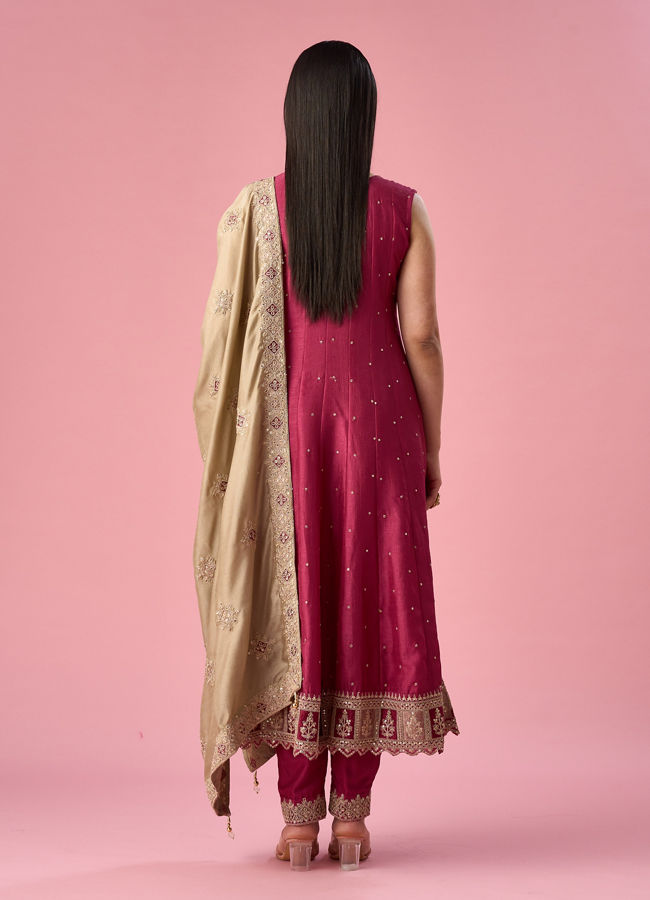 Mohey Women Maroon Silk Anarkali Suit with Sequin Work