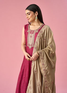 Mohey Women Maroon Silk Anarkali Suit with Sequin Work