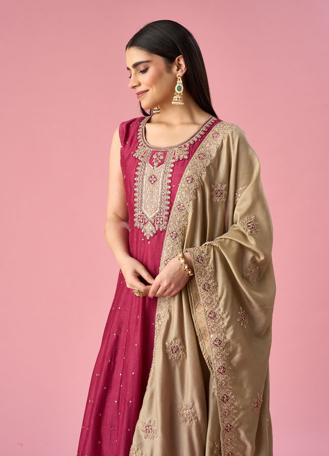 Mohey Women Maroon Silk Anarkali Suit with Sequin Work