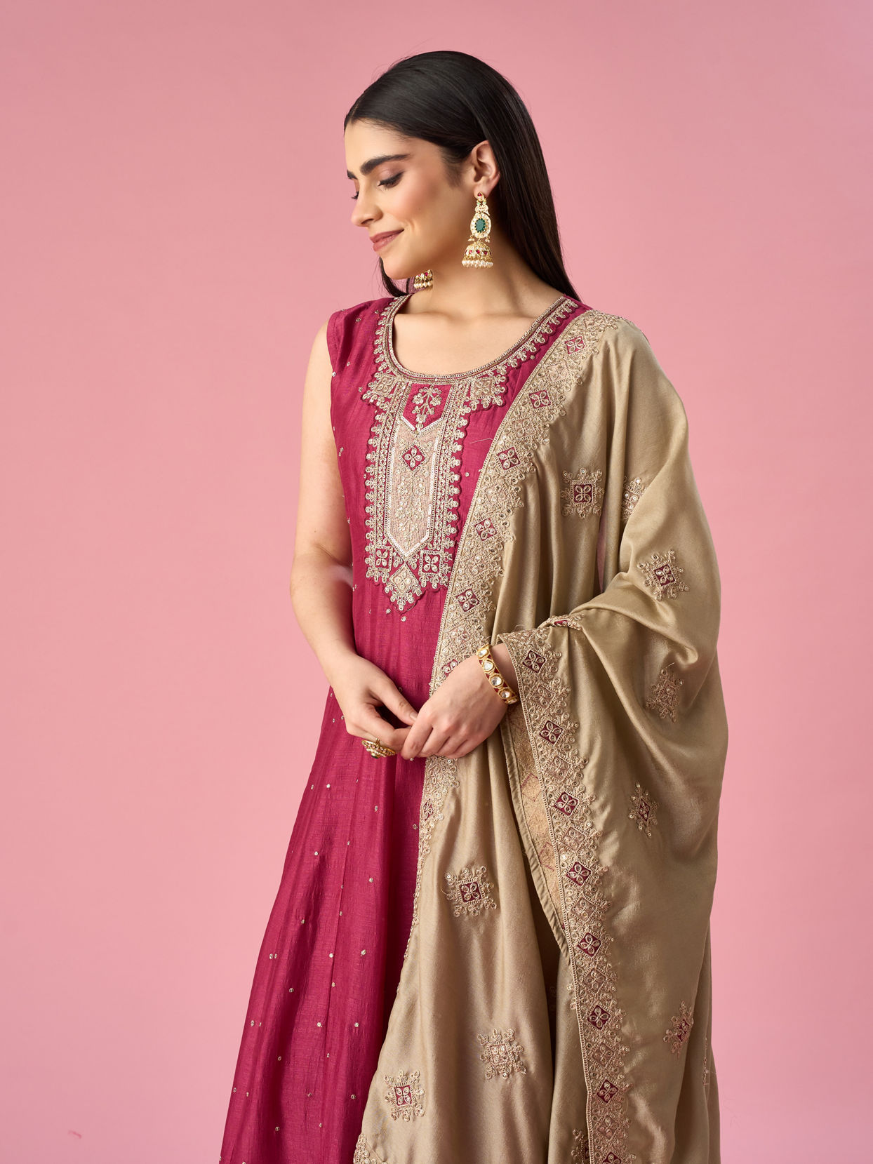 Mohey Women Maroon Silk Anarkali Suit with Sequin Work