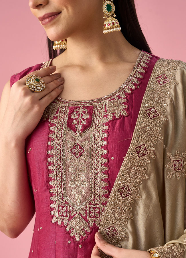Mohey Women Maroon Silk Anarkali Suit with Sequin Work