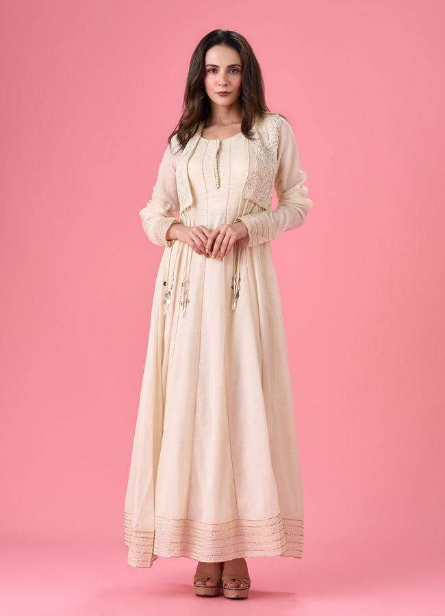 Mohey Women Cream Blossoms Anarkali Suit