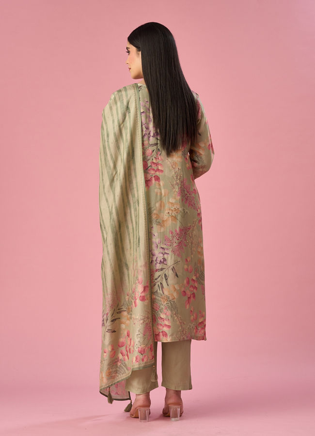 Mohey Women Green Art Silk Stitched Suit with Floral Print