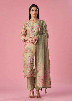 Mohey Women Green Art Silk Stitched Suit with Floral Print