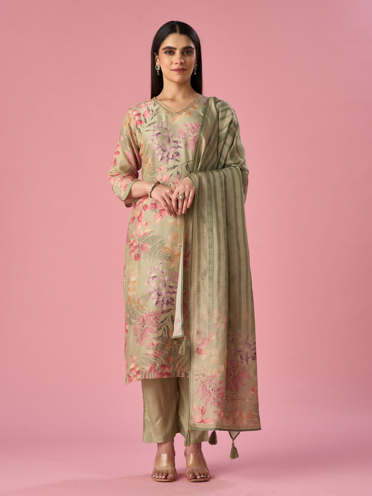 Mohey Women Green Art Silk Stitched Suit with Floral Print