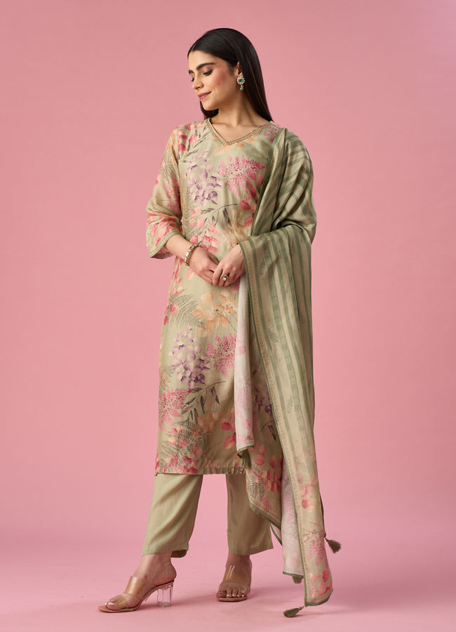 Mohey Women Green Art Silk Stitched Suit with Floral Print