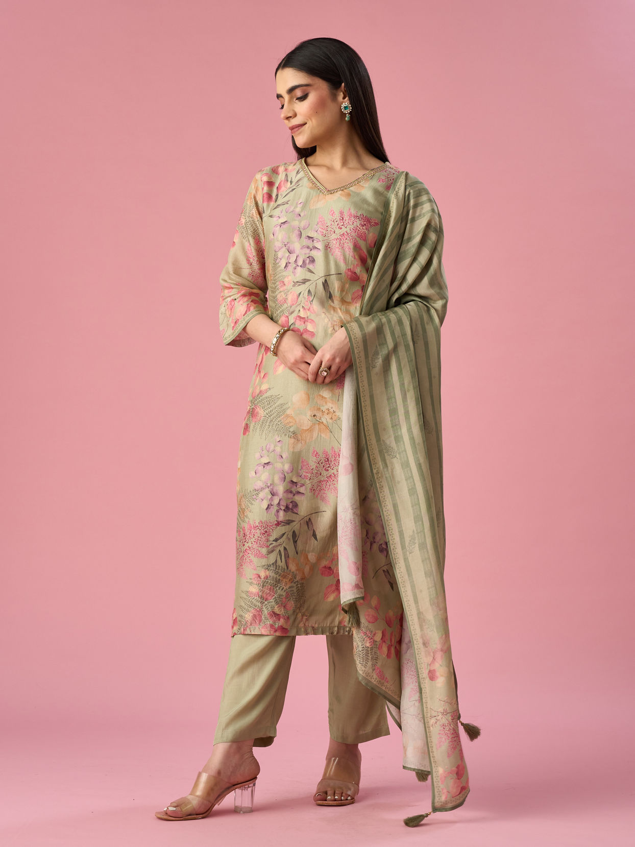 Mohey Women Green Art Silk Stitched Suit with Floral Print
