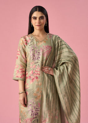 Mohey Women Green Art Silk Stitched Suit with Floral Print