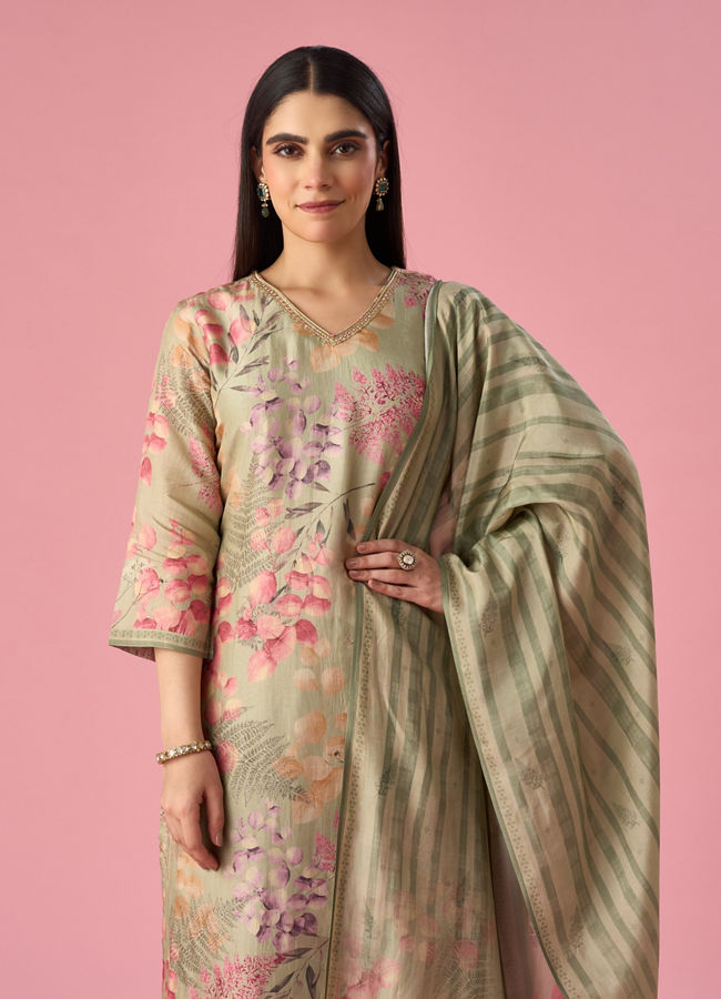 Mohey Women Green Art Silk Stitched Suit with Floral Print