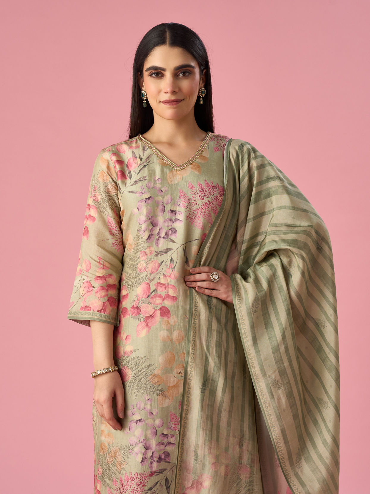 Mohey Women Green Art Silk Stitched Suit with Floral Print