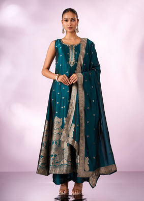 Mohey Women Green Art Silk Anarkali Suit with Embroidery