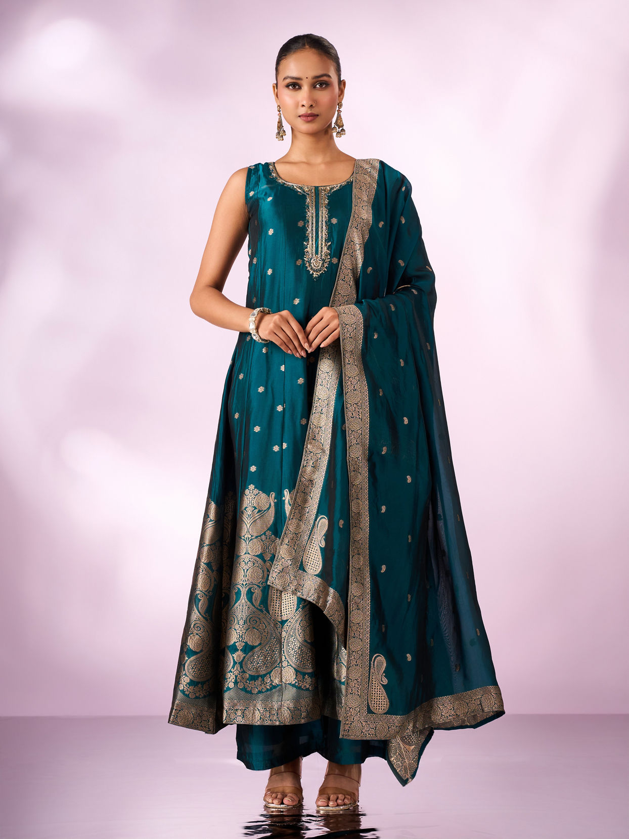 Mohey Women Green Art Silk Anarkali Suit with Embroidery