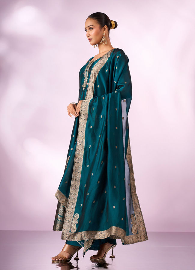 Mohey Women Green Art Silk Anarkali Suit with Embroidery