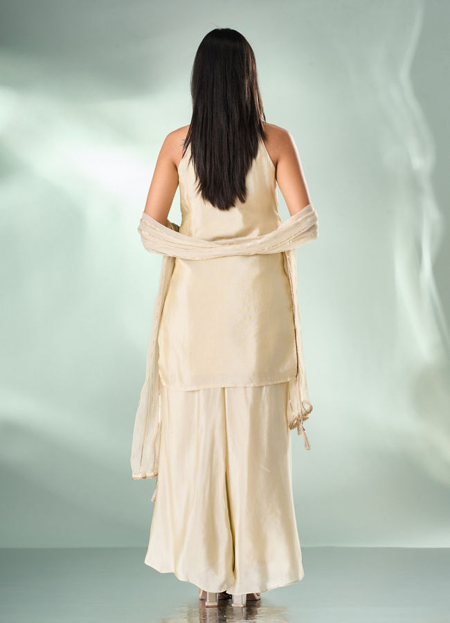 Mohey Women Cream Art Silk Palazzo Suit with Hand Embroidery