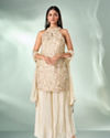 Mohey Women Cream Art Silk Palazzo Suit with Hand Embroidery