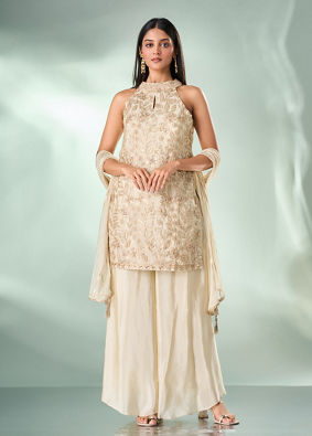 Mohey Women Cream Art Silk Palazzo Suit with Hand Embroidery