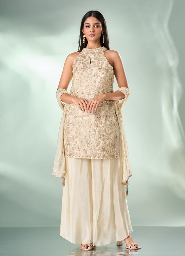 Mohey Women Cream Art Silk Palazzo Suit with Hand Embroidery
