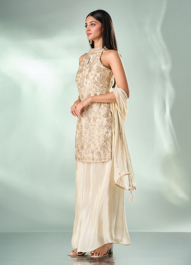 Mohey Women Cream Art Silk Palazzo Suit with Hand Embroidery