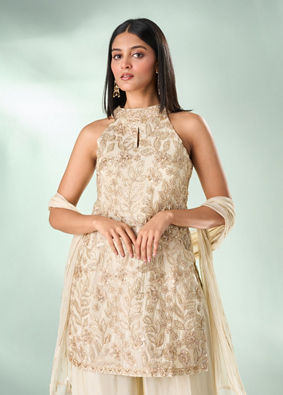 Mohey Women Cream Art Silk Palazzo Suit with Hand Embroidery