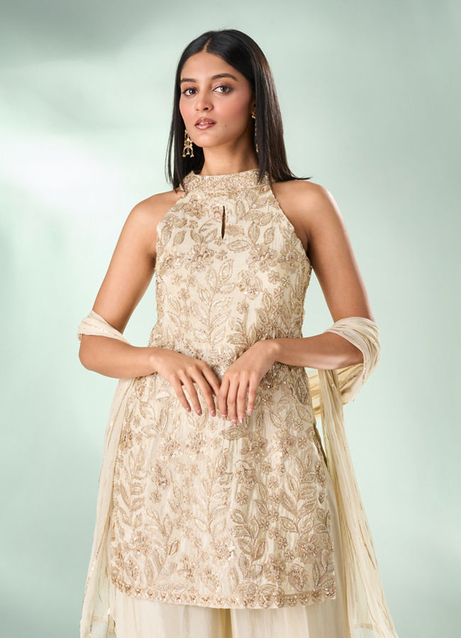 Mohey Women Cream Art Silk Palazzo Suit with Hand Embroidery