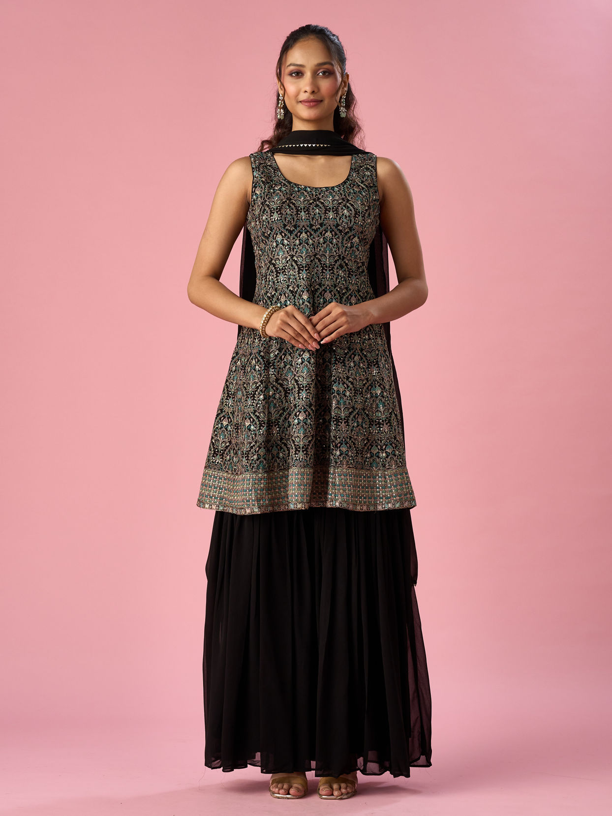 Mohey Women Black Georgette Sharara Suit with Sequin Work